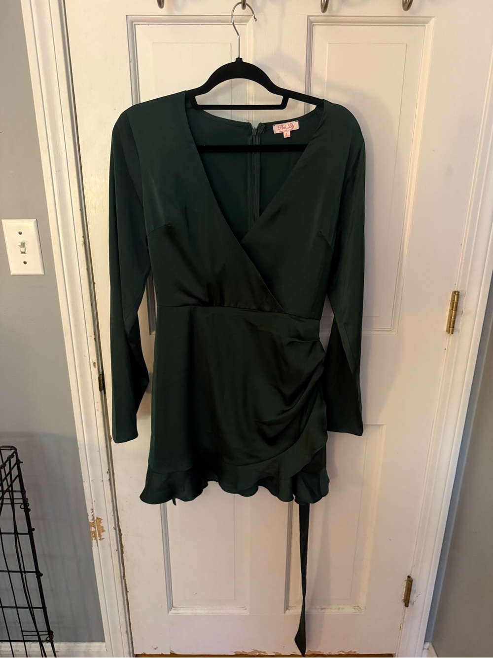 Silky Wrap Robe in Deep Green with Waist Tie - Picture 3 of 6